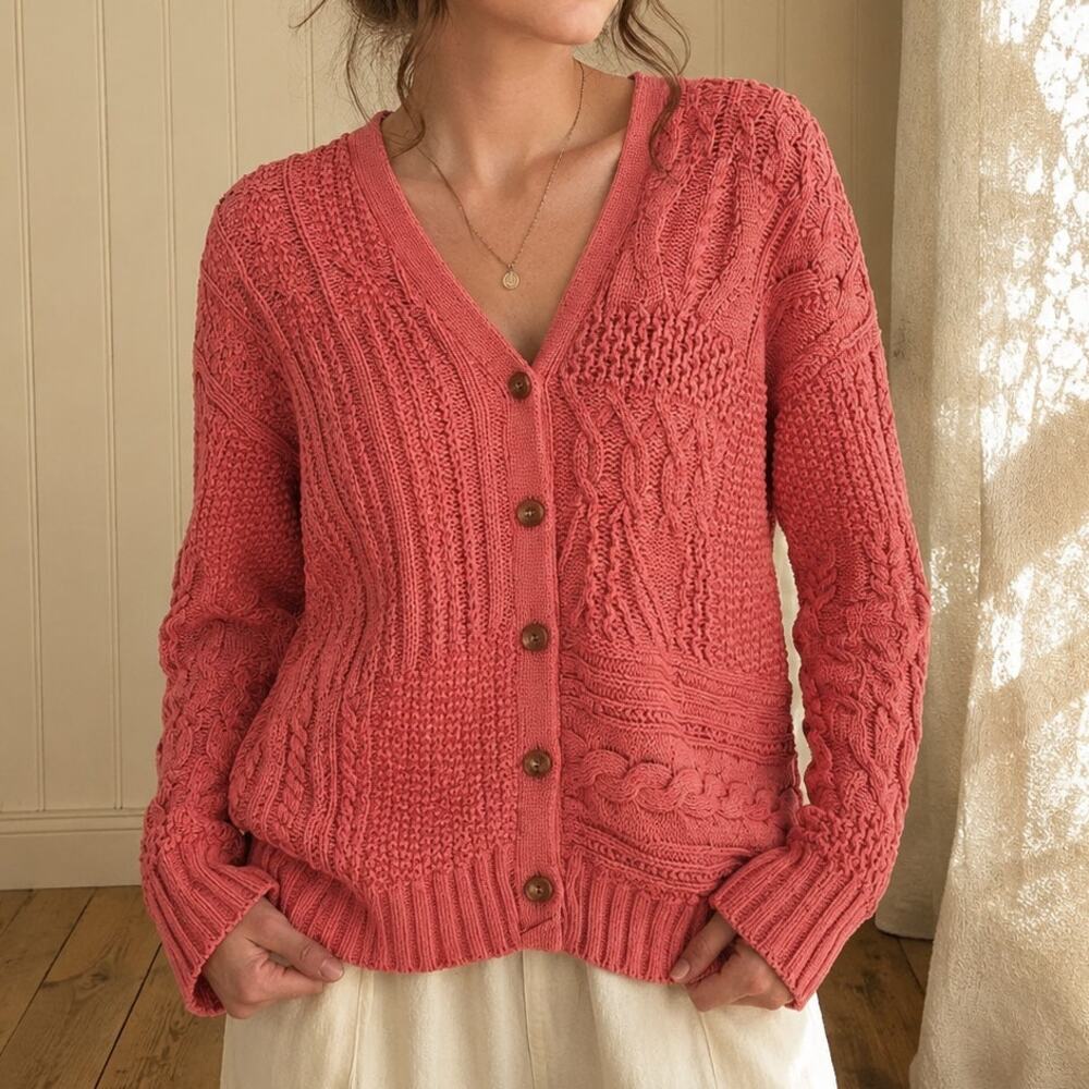 Sundance Coral Cable Knit Cardigan S Cotton Cottagecore Boho Coastal Grandmacore
